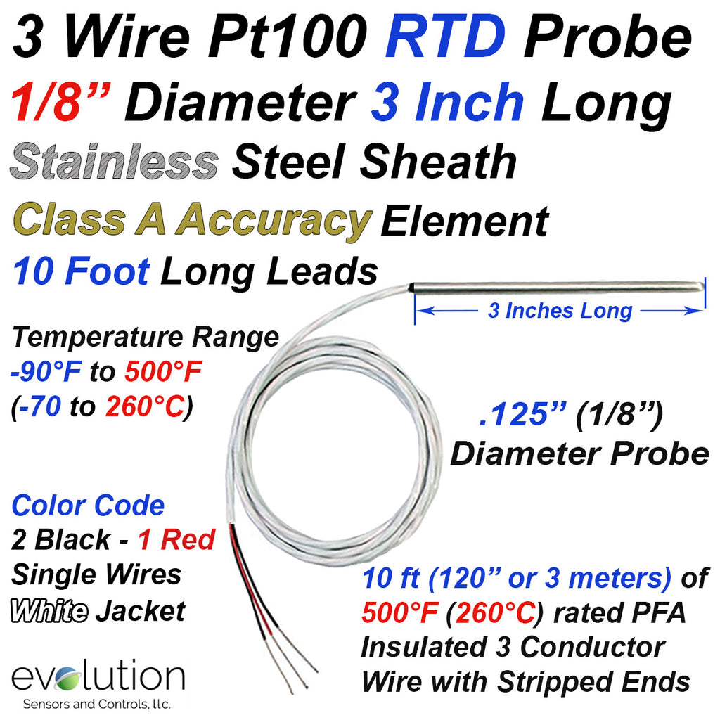 RTD Pt100 3 Inch Long x 1/8 Inch Diameter Probe with 10 ft PFA Leads