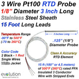 RTD Pt100 3 Inch Long 1/8 Inch Diameter Probe with 15ft PFA Leads