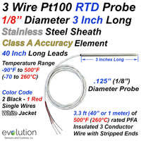 RTD Pt100 3 Inch Long x 1/8 Inch Diameter Probe with 40 Inch Leads