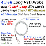 4 Inch Long RTD Probe 3 Wire Pt100 Design with a 1/8" Diameter Sheath