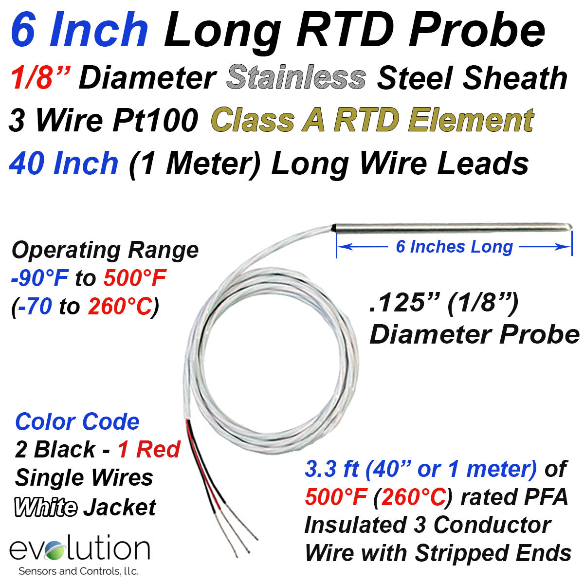 Rtd Size RTD Probe with Lead Wire 1/8 Diameter 6 Inches Long | Evolution Sensors ...