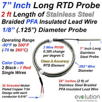 RTD Probe 3 Wire Pt100 with Stainless Steel Braid Over PFA Lead Wire 1/8