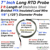 RTD Probe 3 Wire Pt100 with Stainless Steel Braid Over PFA Lead Wire 1/8" Diameter Stainless Sheath 1 to 12 Inches Long