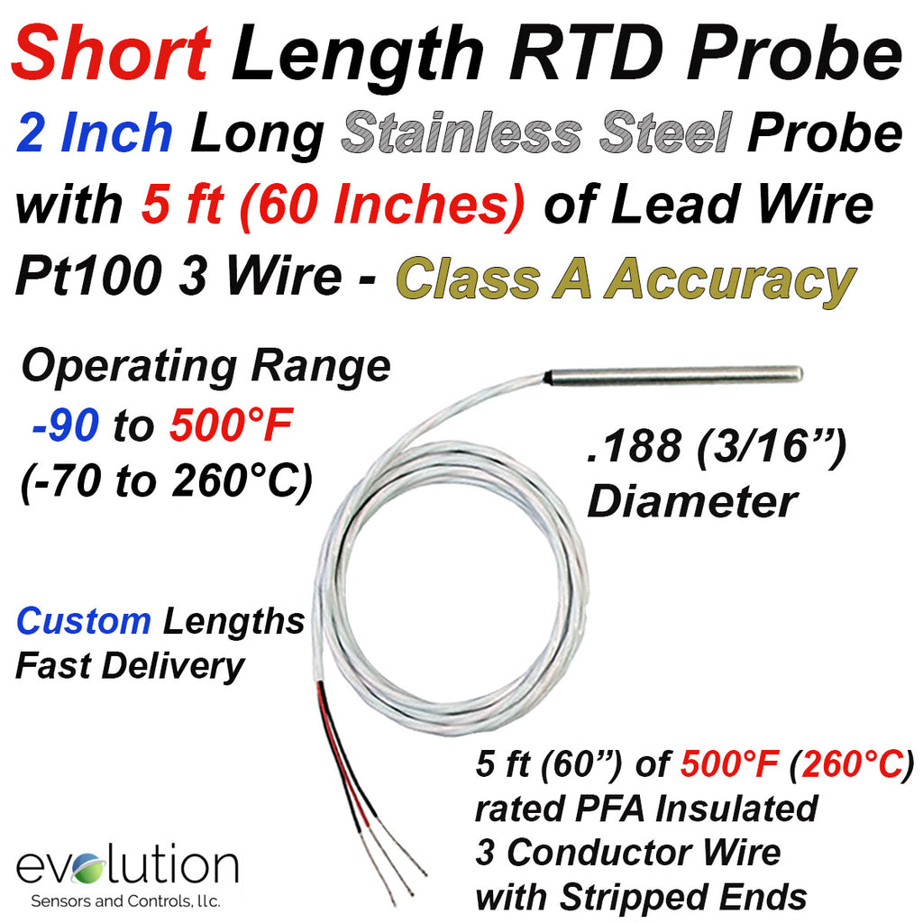 RTD Probe | 2 Inches Long 3/16" Diameter Sheath with 5 ft of Lead Wire