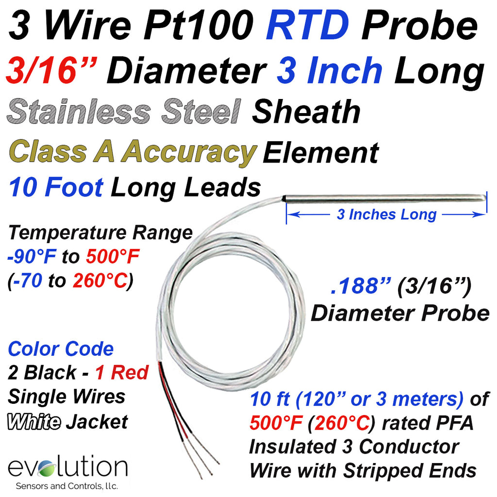 3 Wire Pt100 RTD Probe 3/16" Diameter 3" Long with 10 ft of PFA Leads