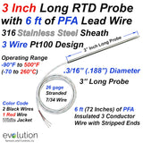 RTD Probe 3 Inches Long 3/16" Diameter Sheath with 6 ft of Lead Wire