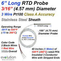 3 Wire Pt100 RTD Probe - 6 Inches Long x 3/16