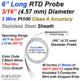 3 Wire Pt100 RTD Probe - 6 Inches Long x 3/16" Diameter Stainless Steel Sheath with 40 Inches (1 Meter) Long Lead Wire