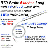 RTD Probe 6 Inches Long 3/16" Diameter Sheath with 6ft of Lead Wire