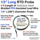 1/2" Long RTD Probe 1/4" Diameter with 2, 4, or 6 ft Long Stainless Steel Over-Braided PFA Lead Wire
