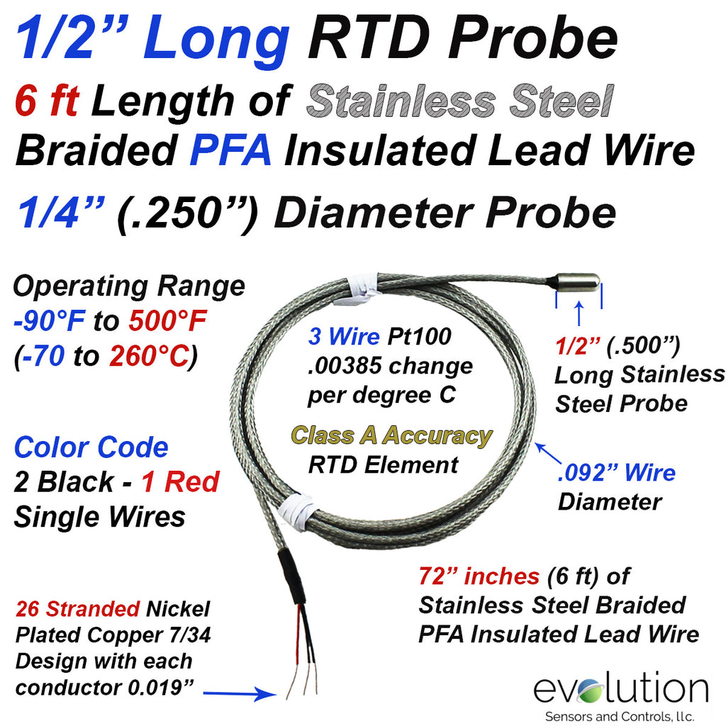 1/2" Long RTD Probe 1/4" Diameter with 6 ft of Stainless Steel Overbraid Wire