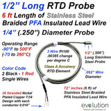 1/2" Long RTD Probe 1/4" Diameter with 6 ft of Stainless Steel Overbraid Wire