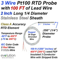 3 Wire Pt100 RTD Probe 2 Inches Long 1/4 Diameter Stainless Steel Sheath with 100ft of Lead Wire