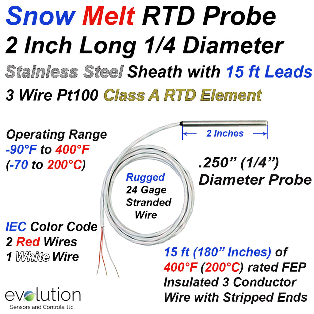 Snow Melt RTD Temperature Sensor 2 Inch Long 1/4" Diameter Probe