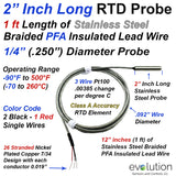 2" Long RTD Probe 1/4" Diameter with Stainless Steel Overbraid Wire