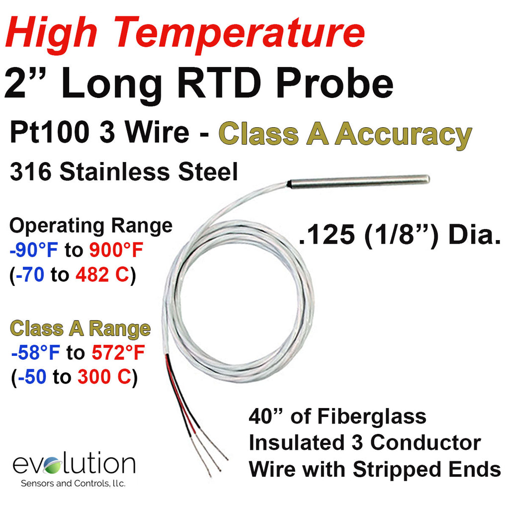 Short RTD Probe - 2 "Long 1/8" Diameter 40" Leads - Pt100 Class A Accuracy