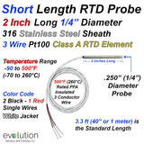 Short RTD Probe 3 Wire Pt100 2 Inch Length 1/4" Diameter with Lead Wire