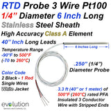 RTD Probe 6 Inches Long 1/4" Diameter with 3 Plus Feet of Lead Wire
