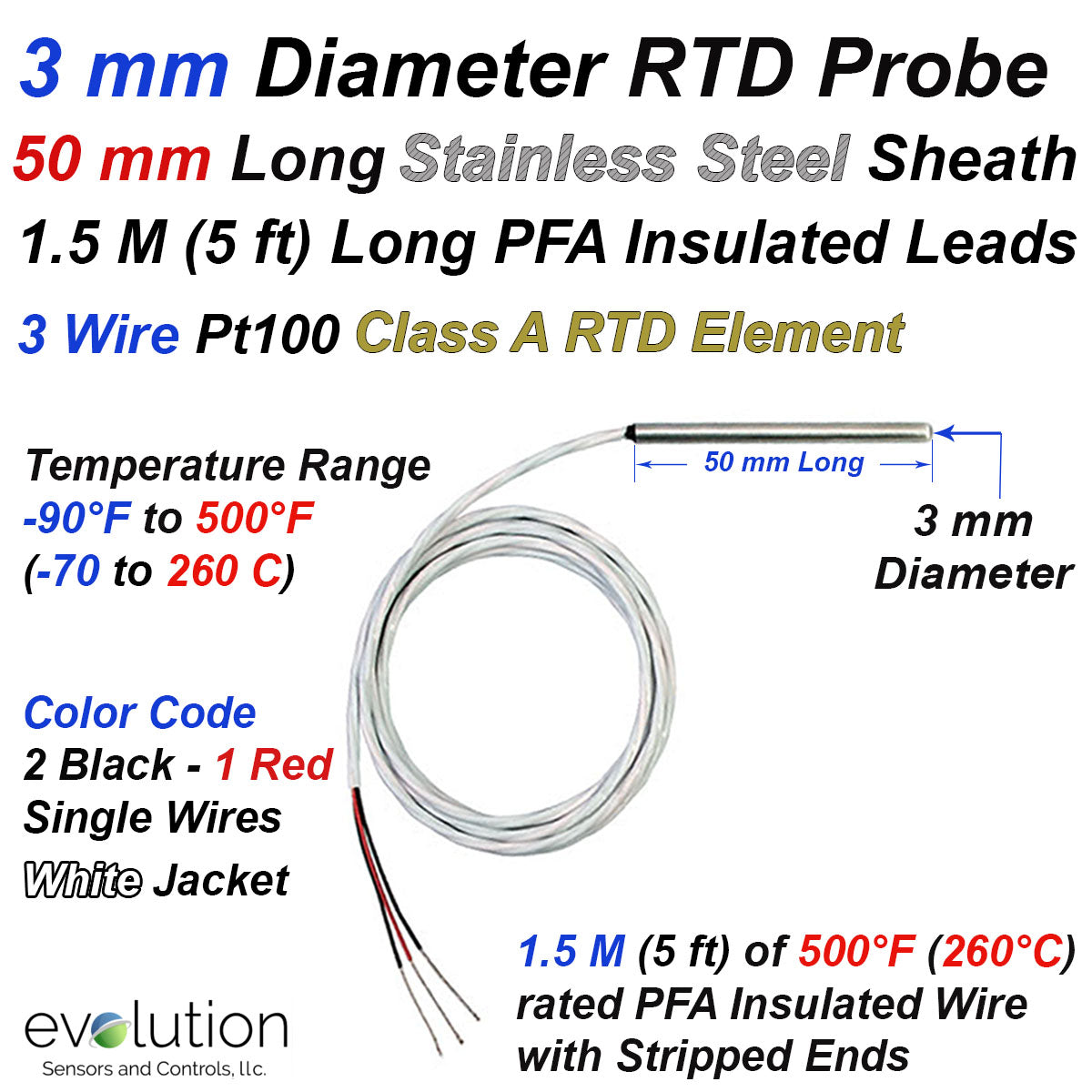Rtd Size Short Length 3 mm Diameter RTD Probe with 5 ft of Lead Wire | Evolution ...