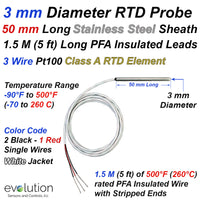 Short Length 3 mm Diameter RTD Probe Stainless Steel Sheath with 1.5 M (5ft) of PFA Insulated Lead Wire