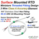Surface Mounted RTD Temperature Sensor with Miniature Steel Threaded Fitting and Stripped Wire Leads