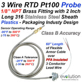 RTD Sensor Plastics Industry 2" Long Sheath Armor Cable and NPT Fitting Class B