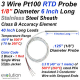 RTD Pt100 Multiple Purpose Probe Class B Accuracy 6" Long x 1/8" Diameter 40" Leads