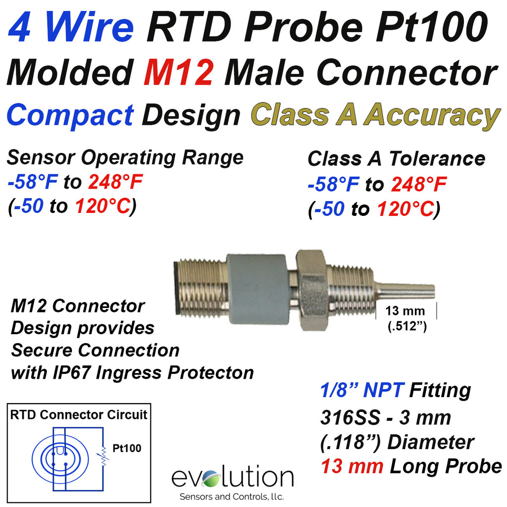Compact RTD Probe M12 Connector 1/8 NPT Fitting 1/2" Long Probe 4 Wire Class A