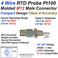 Compact RTD Probe M12 Connector 1/8 NPT Fitting 1/2