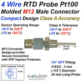 Compact RTD Probe M12 Connector 1/8 NPT Integral Fitting 1" Long Probe 4 Wire Class A