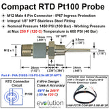 Compact RTD Probe M12 Connector 1/8 NPT Fitting 1" Long 4 Wire Class A Spec