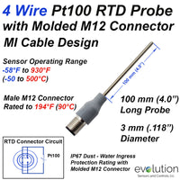 RTD Probe with M12 Molded Connector 100 mm Long Stainless Steel 3 mm Diameter 4-Wire Pt100 Design