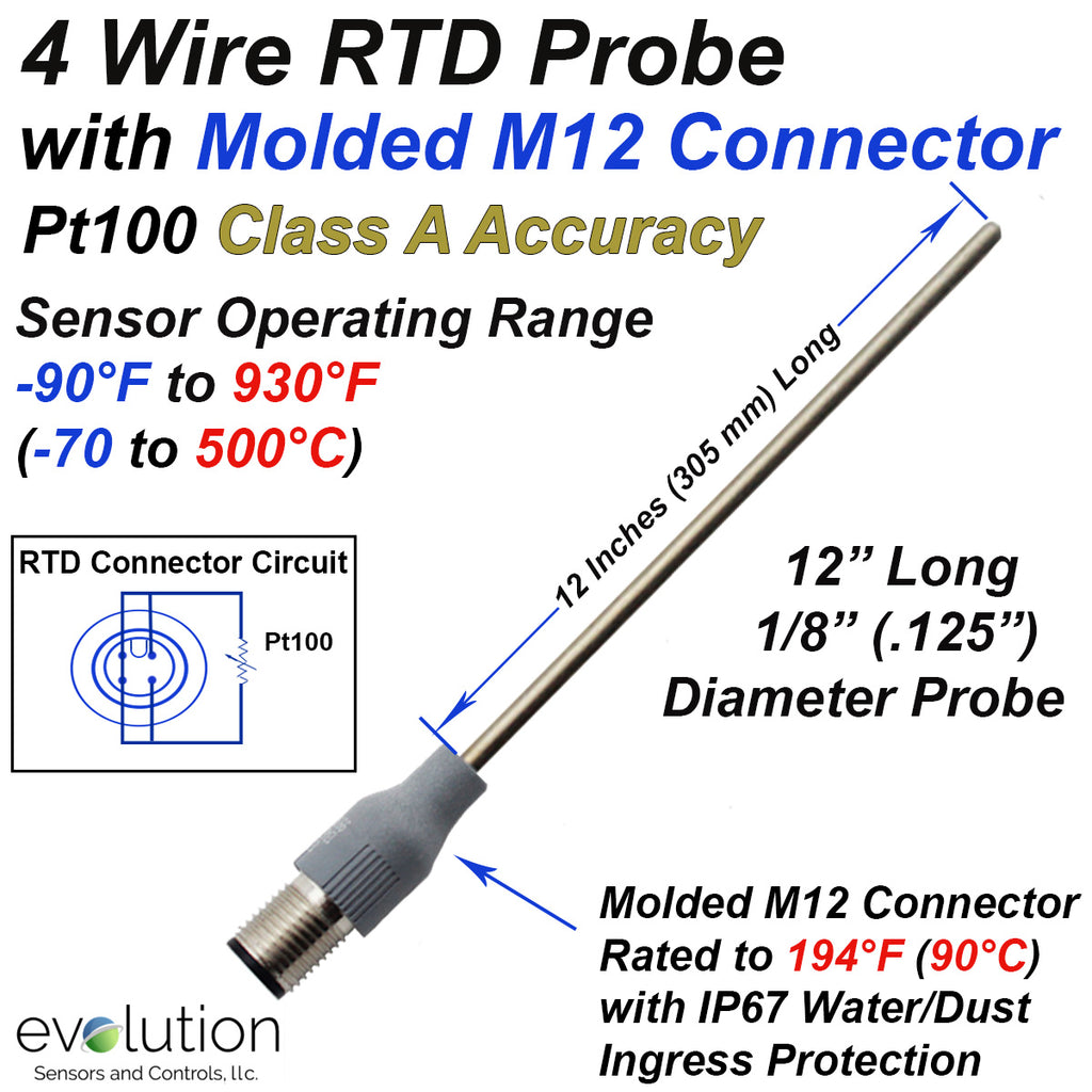 4 Wire RTD with M12 Connector |1/8" Diameter 12 Inches Long