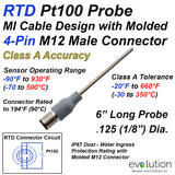 RTD Probe M12 Molded Connector 6" Long Stainless Steel 1/8" Diameter 4 wire Class A