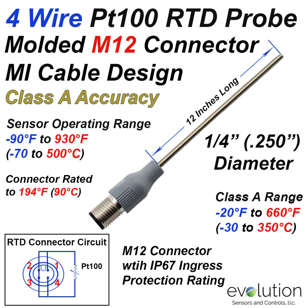 4 Wire Pt100 RTD Probe with M12 Molded Connector 12 Inches Long