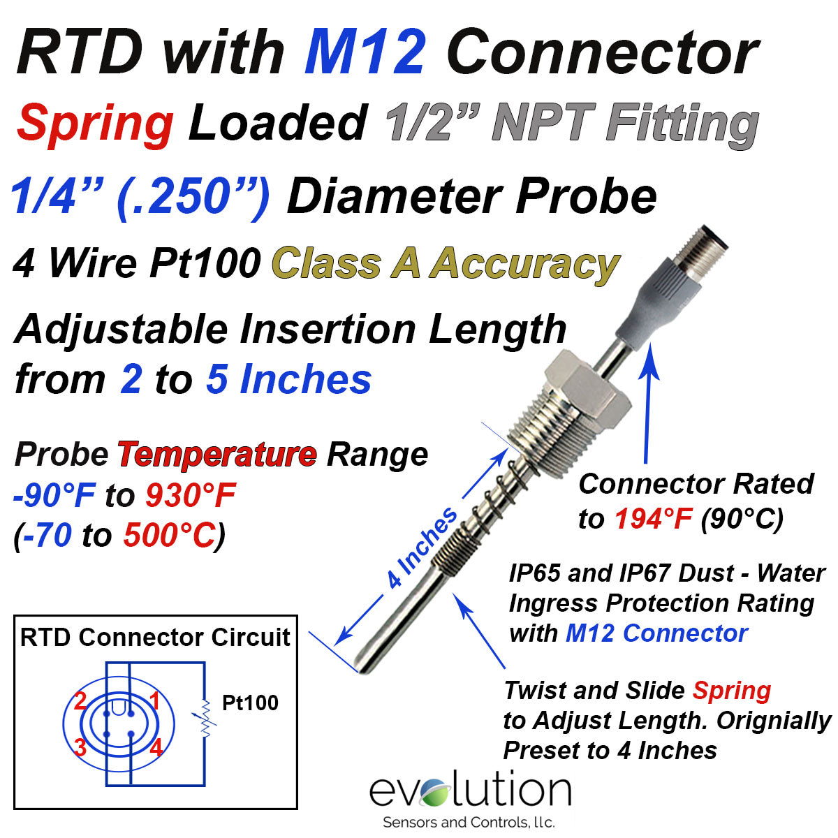 Spring Loaded Rtd 4 Wire RTD Probe with M12 Connector Spring Loaded with 1/2 NPT Fitting ...