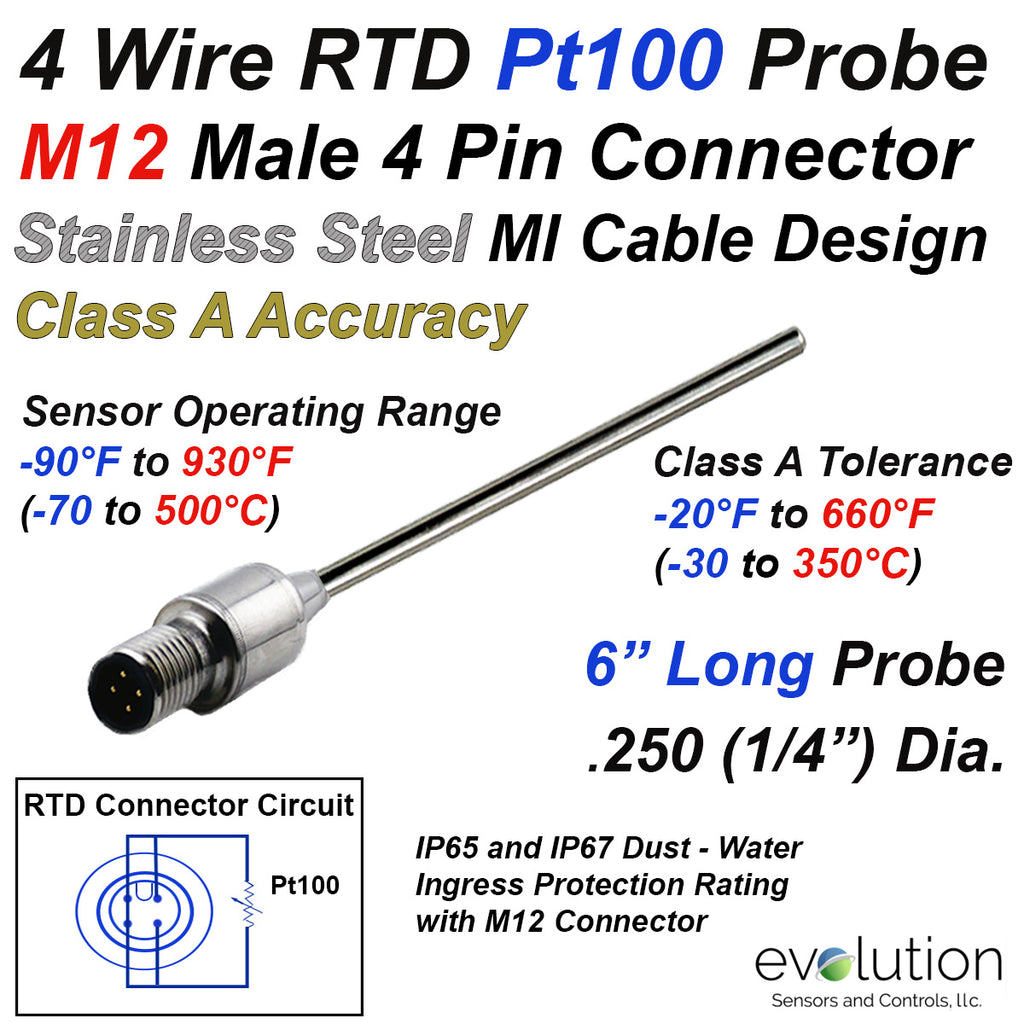 RTD Probe with M12 Metal Circular Connector 6" Long Stainless Steel 1/4" Diameter 4 wire Class A