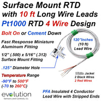 4 Wire Pt1000 Bolt On Surface Mount RTD with 10ft Long Leads