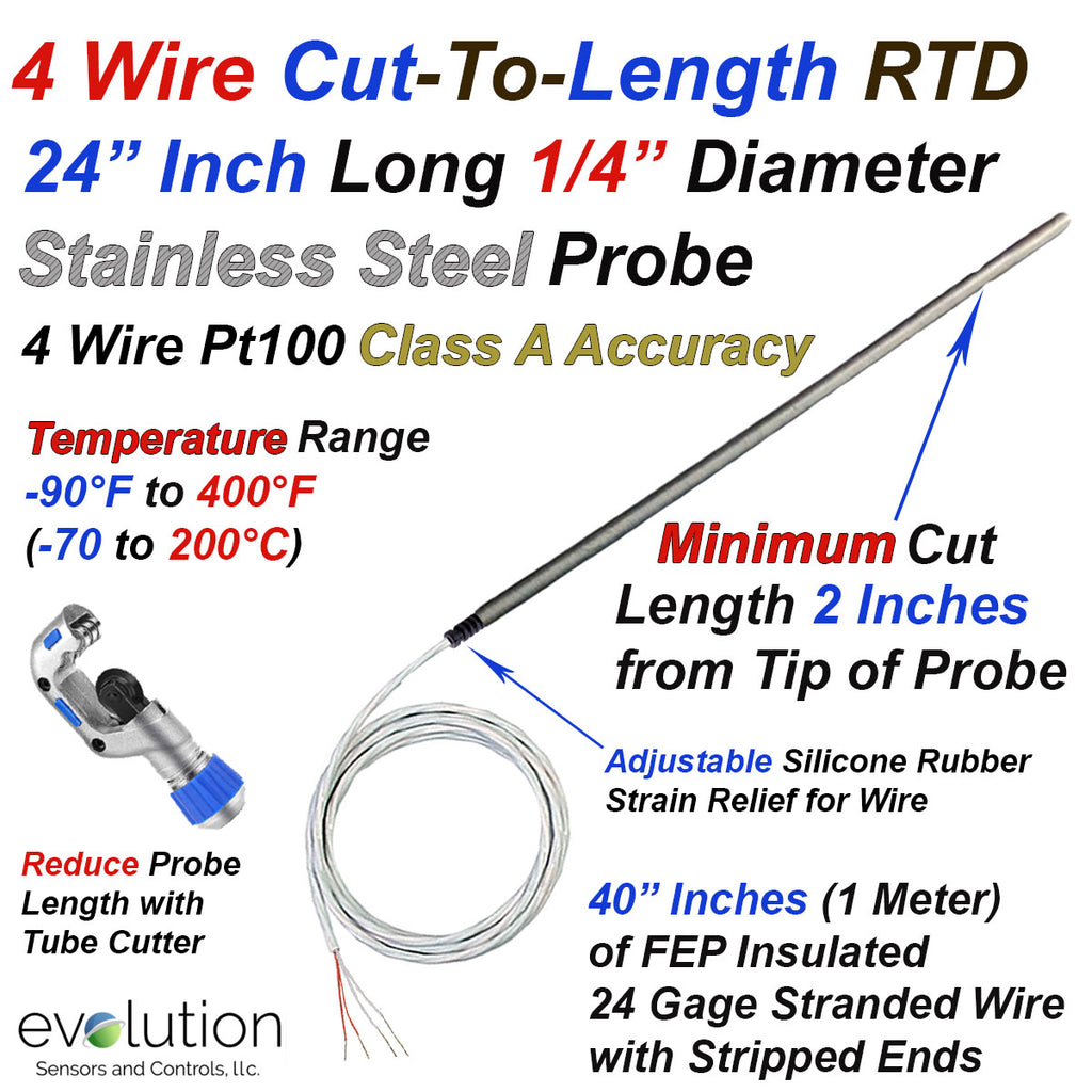 4 Wire Pt100 Cut to Length RTD Probe with 24 Inch Long 1/4" Diameter Stainless Steel Sheath and 40 Inches of Lead Wire with Stripped Ends