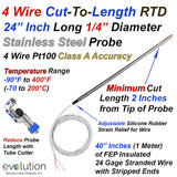 4 Wire Pt100 Cut to Length RTD Probe with 24 Inch Long 1/4" Diameter Stainless Steel Sheath and 40 Inches of Lead Wire with Stripped Ends