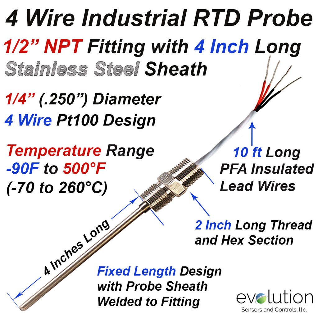 4 Wire RTD Probe 4" Long with 1/2" x 1/2" NPT Fitting and Wire Leads