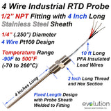 4 Wire RTD Probe 4" Long with 1/2" x 1/2" NPT Fitting and Wire Leads