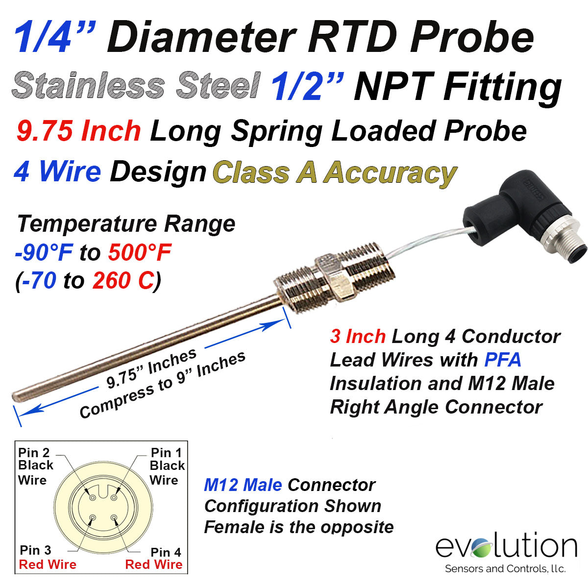 Wire Probe Spring 4 Wire RTD Probe with 1/2 NPT Fitting Spring Loaded with M12 Connector ...