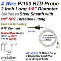 4 Wire Pt100 RTD Probe with 1/8 NPT Fitting 2 Inch Long 1/8