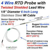 4 Wire RTD Probe 6 Inches Long with Twisted Shielded Lead Wire