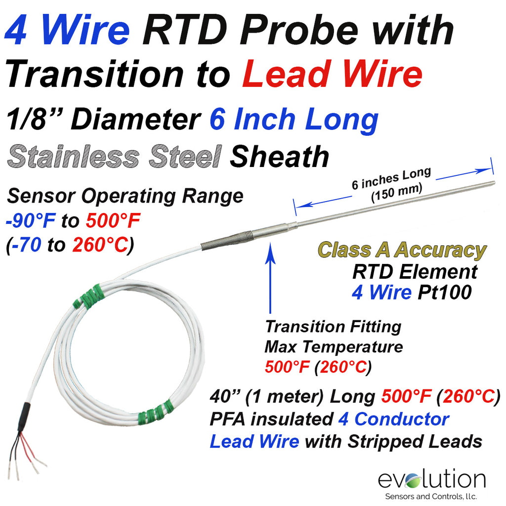 4 Wire RTD Probe with Transition to Lead Wire 1/8 Diameter 6 Inch Long ...