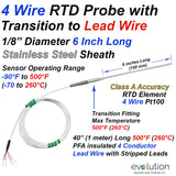 4 Wire RTD Probe with Transition to Lead Wire 1/8 Diameter 6 Inch Long Probe