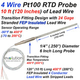 4 Wire Pt100 RTD Probe 1/4" Diameter with Transition to 10 ft Lead Wire