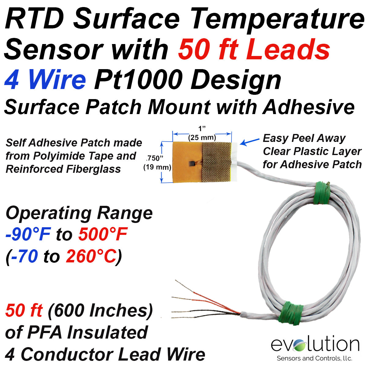 4 Wire Pt1000 RTD Surface Patch Temperature Sensor with 50 ft Leads