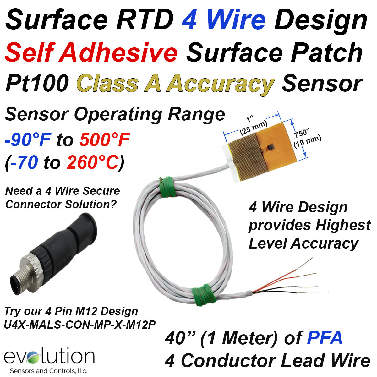 4 Wire Pt1000 RTD Surface Patch Temperature Sensor with 50 ft Leads